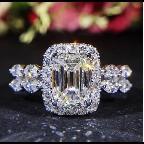Beautiful Square Halo CZ Diamond Ring - Picture 1 of 8